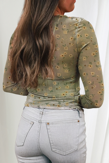 Green Vintage Floral Print Mesh Long Sleeve Top